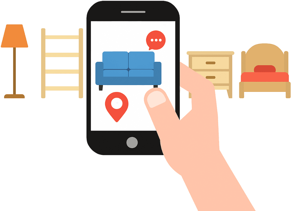 Hand holding phone with furniture AR